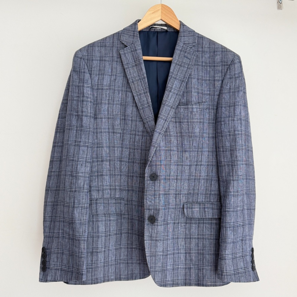 Bar III Blazer Mens 40S Blue Plaid 100% Linen Sport Coat Dinner Jacket